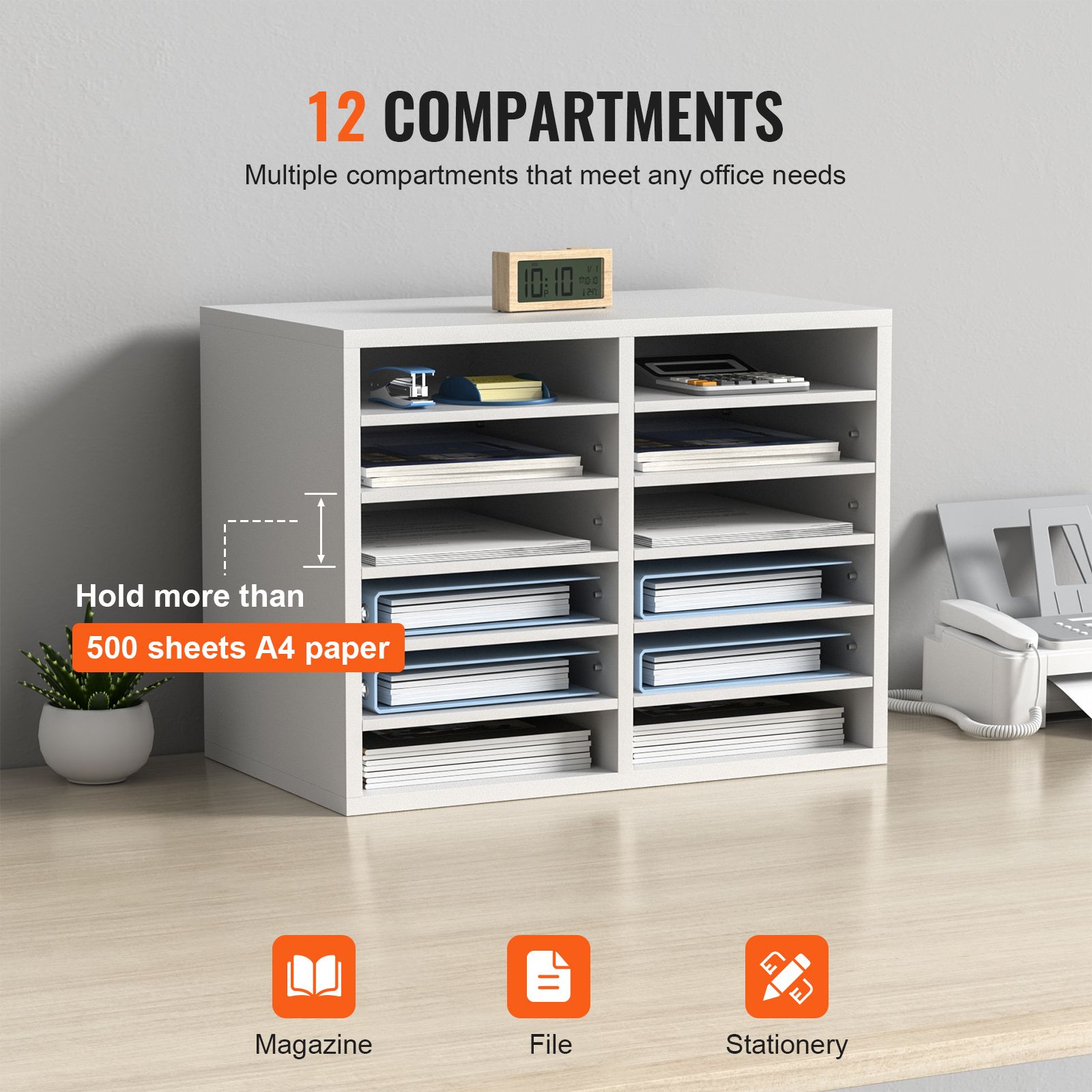 Wood Literature Organizer Adjustable File Sorter 12 Compartments White โ image 4