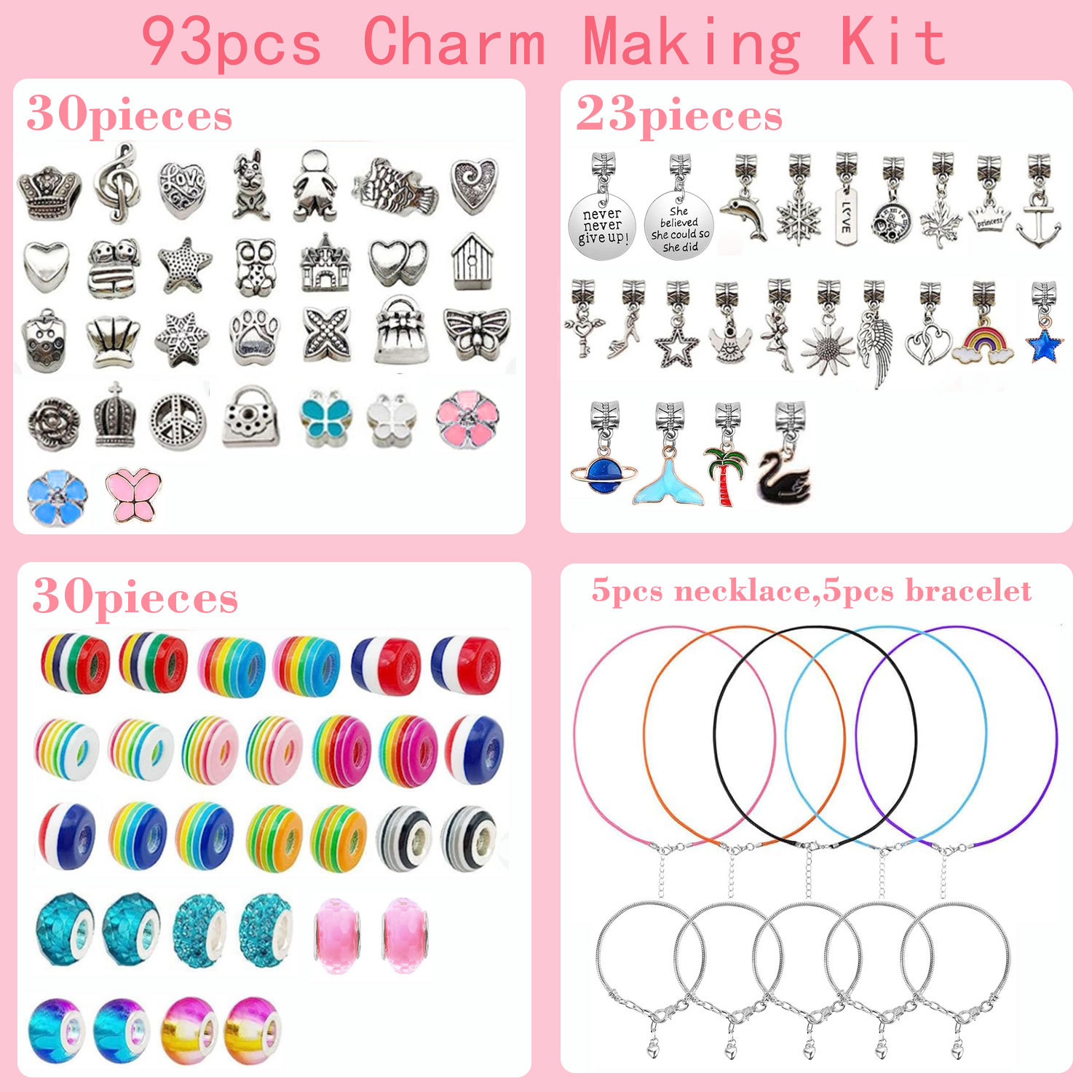 93 Piece DIY Charm Bracelet and Necklace Making Kit for Girls Creative Jewelry Craft Set with Rainbow Beads and Silver Pendants Ideal Kids Gift — image 2