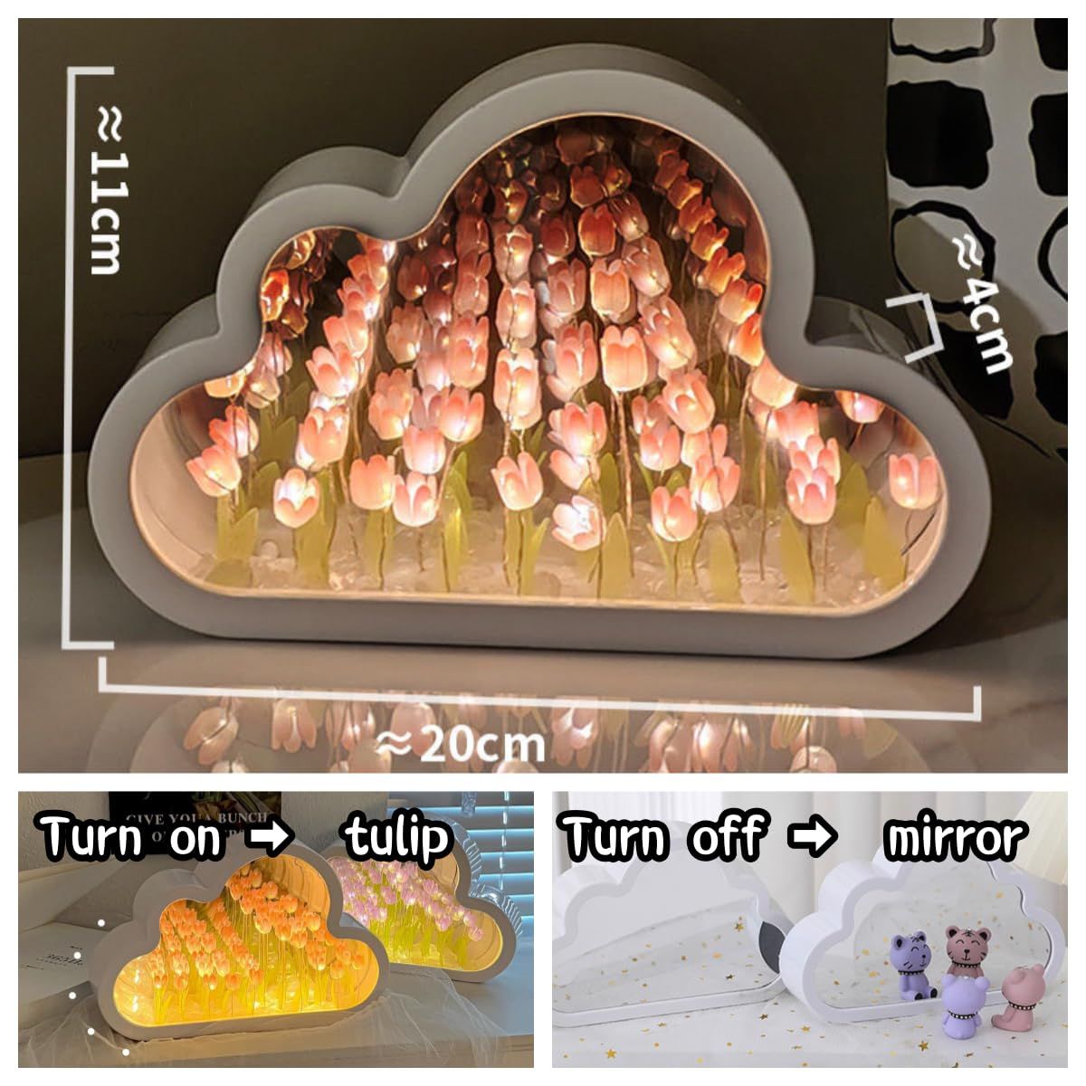 Celestial Petal Mirror, Cloud Tulip Lamp Mirror, Tulip Flower Cloud Mirror, DIY Cloud Tulip Mirror Night Light with 20 Flowers. (Pink) — image 3