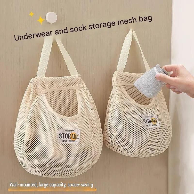 3 pcs Beige Hanging Mesh Storage Bag - Breathable Canvas Organizer for Socks and Underwear - Space Saving Wall Mount Design, Washable and Durable for Wardrobe — image 2