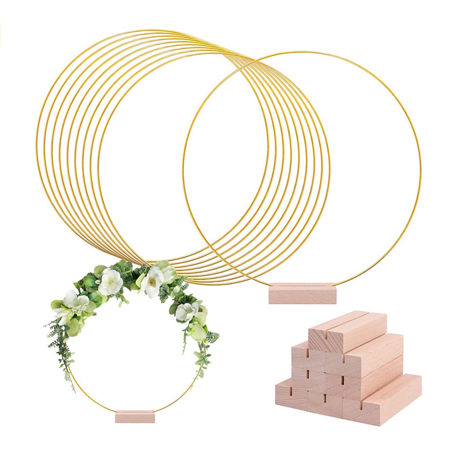 12in Metal Wreath Frame Floral Hoop Centerpiece with Wooden Stand DIY Wedding Floral Decoration Props — image 2