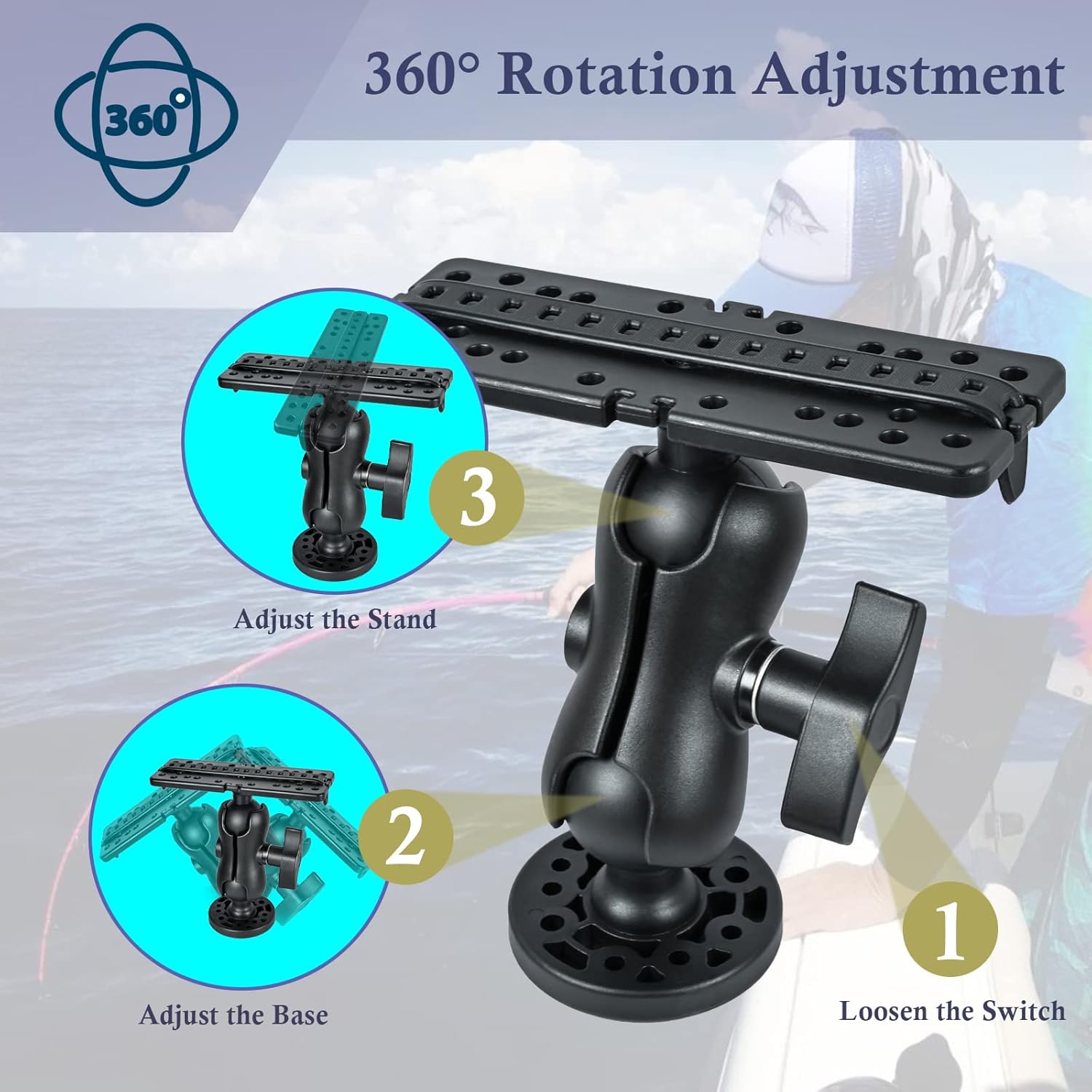 Fish Finder Mount Base, Universal 360° Rotation Ball-Mount Bracket, Nylon & Stainless Steel Electronic Holder for Marine Boat Kayak Pontoon Canoe Helix Garmin — image 3