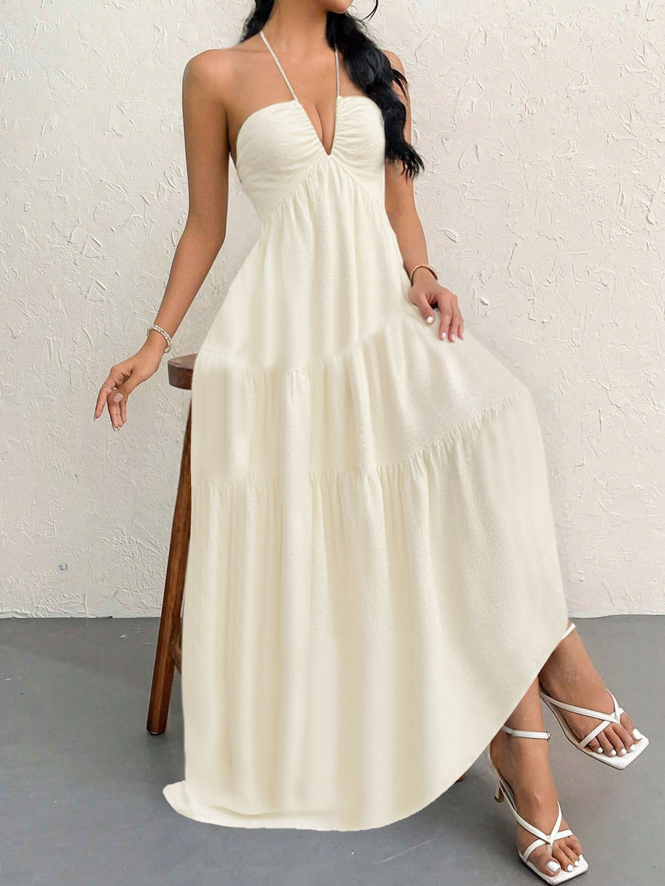 Apricot XL Size Women's Elegant Halter Maxi Dress Summer Backless V-Neck Sleeveless Long Beach Resort Gown โ image 3