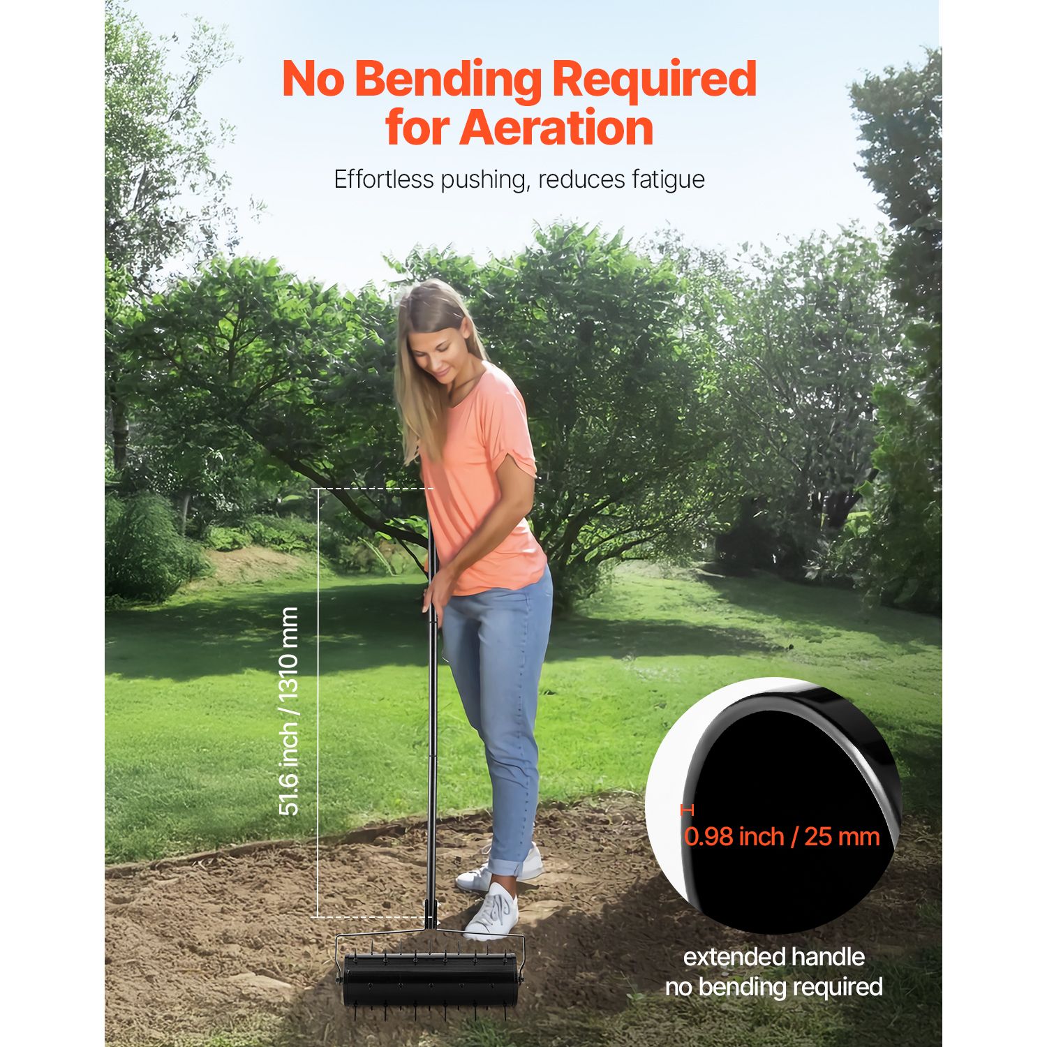 Rolling Lawn Aerator, 525mm Heavy-Duty Manual Rolling Aerator Lawn with Detachable Handle and 33 Iron Spikes, Rolling Lawn Aeration Tool for Garden Patio Yard — image 5