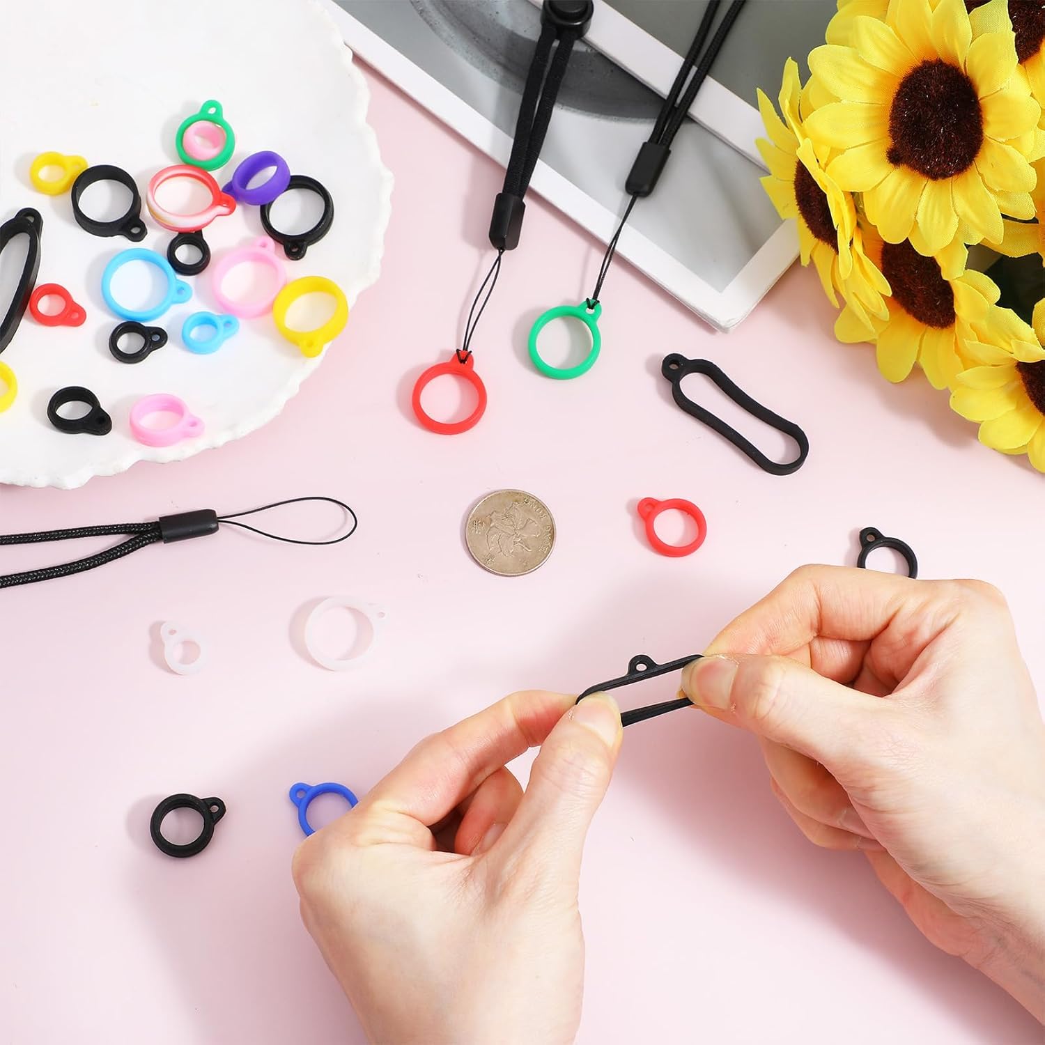 34Pcs Anti-Lost Lanyard Set Include 9 Style Black Silicone Rubber Rings-3Pcs Adjustable Lanyards,4 Style Colorful Rubber Rings,Soft Pen Protective Holder for — image 5