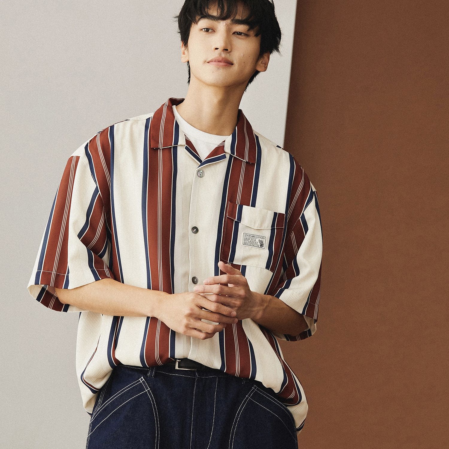 Men Short Sleeve Shirt American Style Stripe C125 Black — image 3