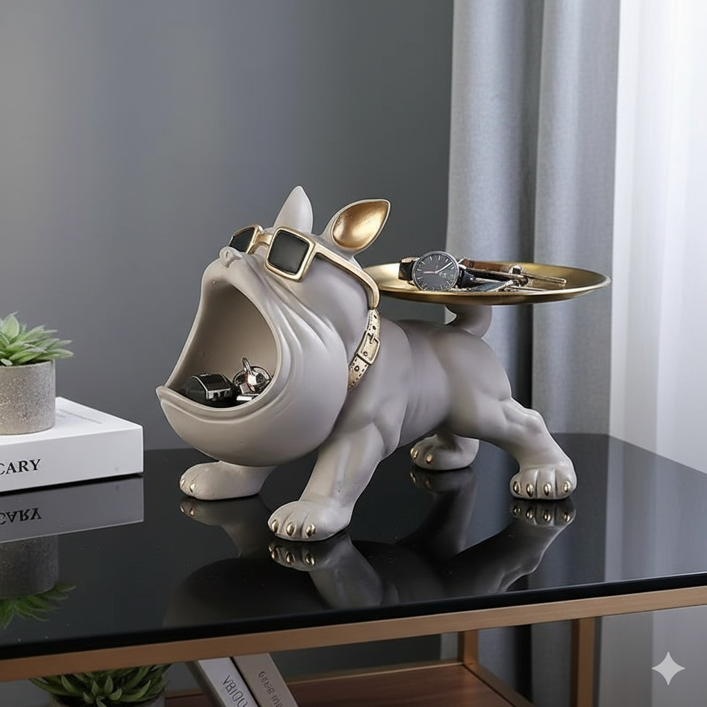 Cool French Bulldog Statue Storage Tray Grey Resin Dog Figurine Key Bowl and Candy Organiser with Open Mouth Design for Entryway Table Home Decor