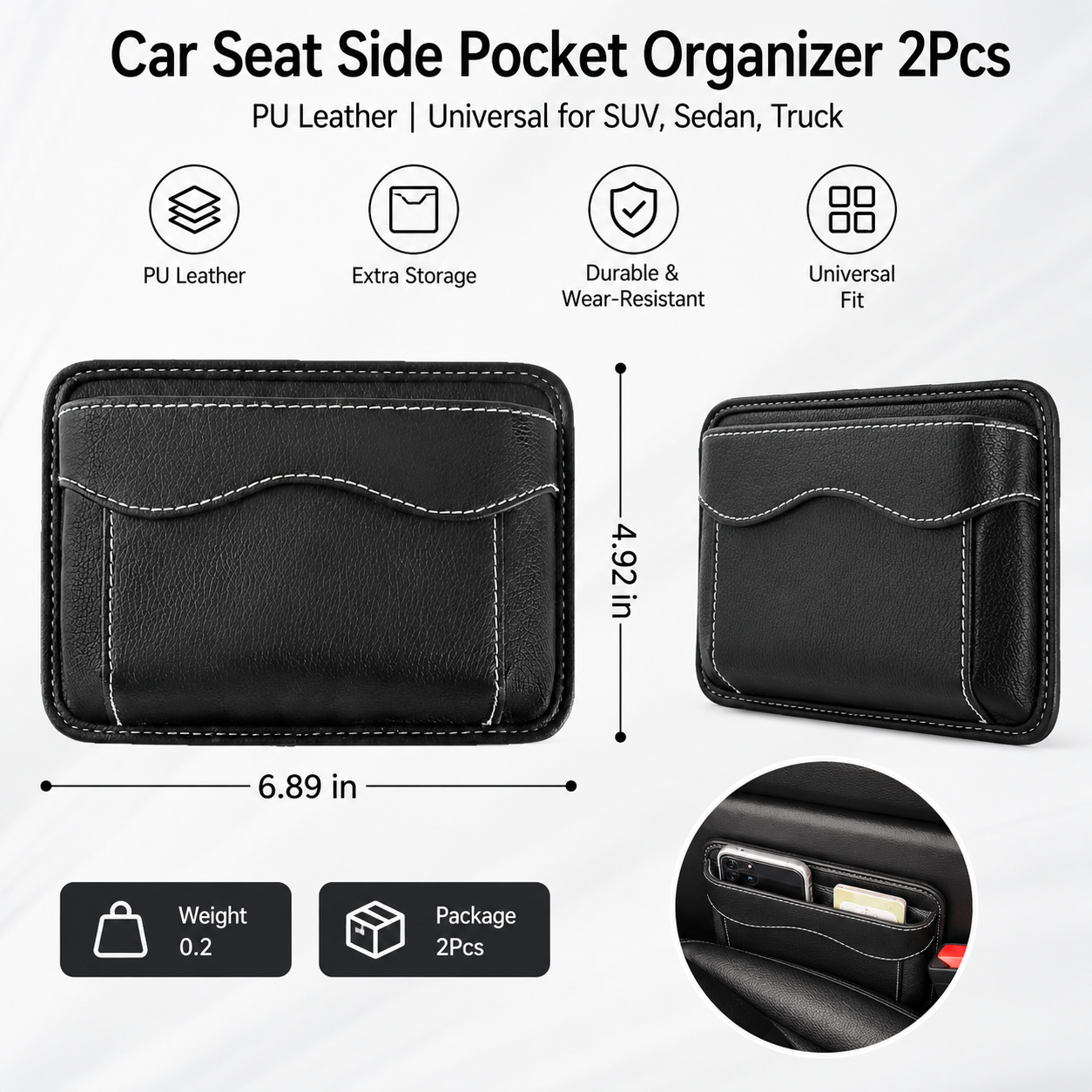 2Pcs Car Seat Side Pocket Organizer, PU Leather Mini Vehicle Phone Holder Storage Bag, Automotive Interior Tray Pouch Seat Gap Filler Accessories, Universal — image 3