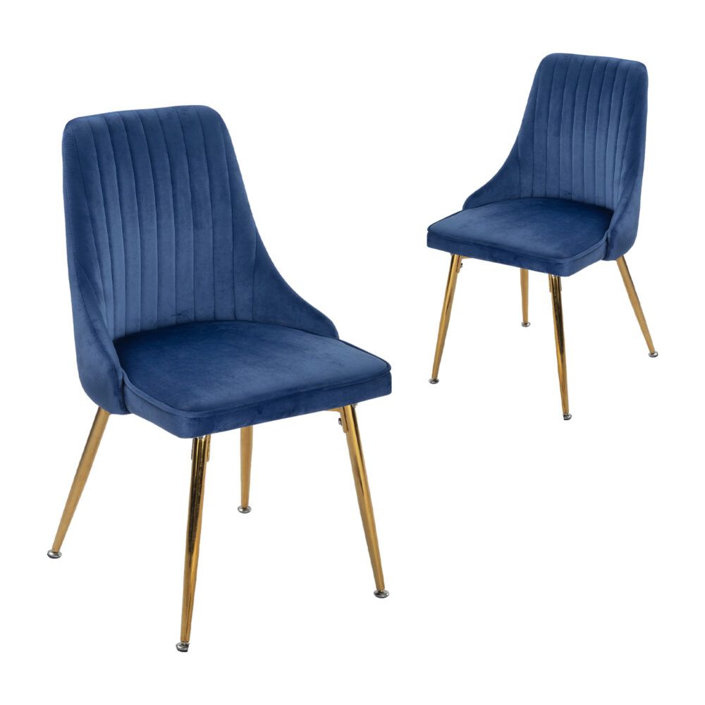 Viva Forever Set of 2 Blue Velvet Dining Chairs – Art Deco Design with Gold Metal Legs — image 2