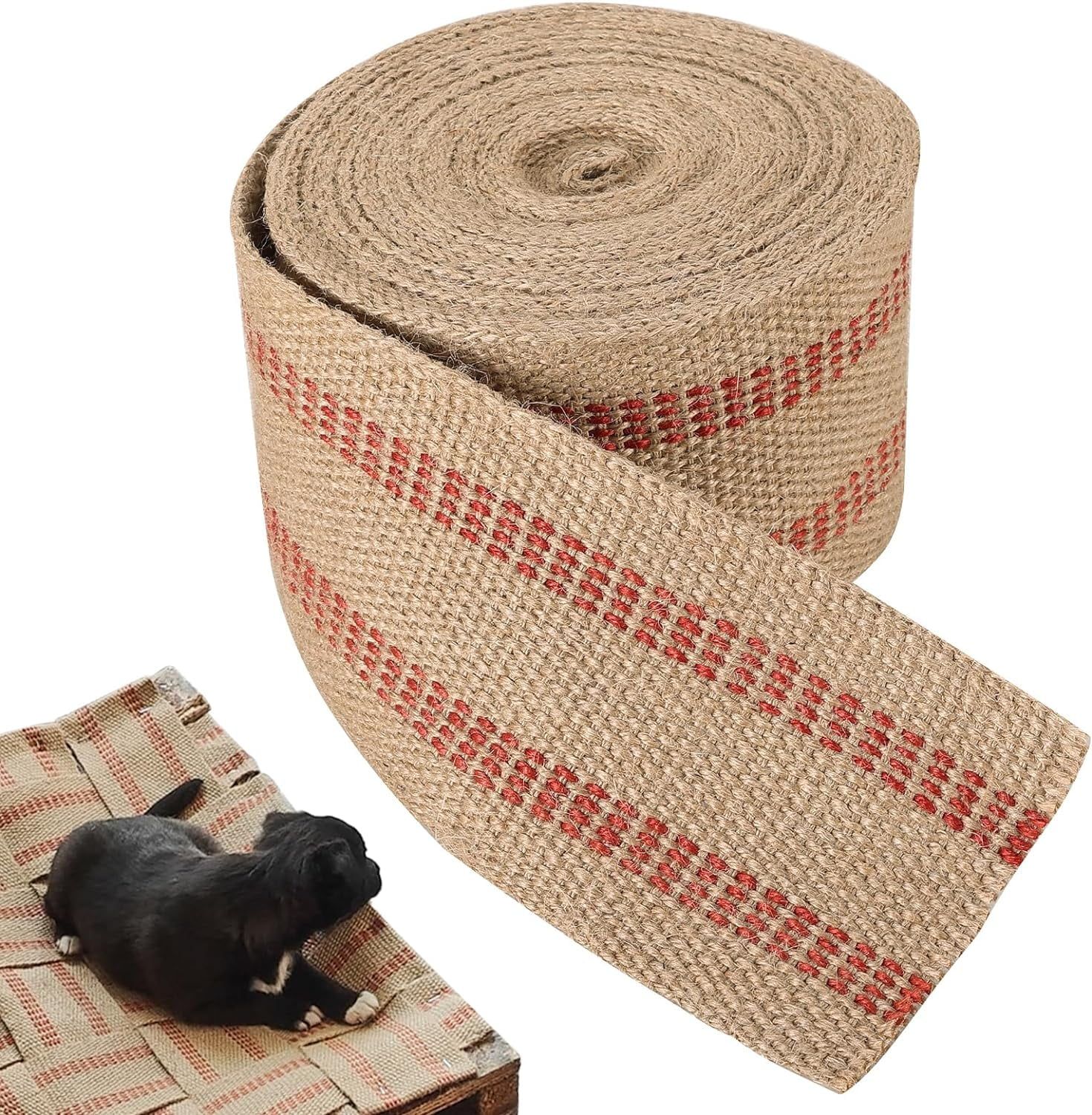 Jute Webbing Tape Roll, Natural Burlap Upholstery Strap for Chair Repair, Red Stitch 3.5 In x 5M
