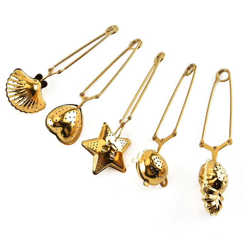 5Pcs Tea Snap Balls Seashell Heart Star Pineapple Teapot Shape Tea Filters Stainless Steel Tea Strainer with Long Handle(Gold) — image 2