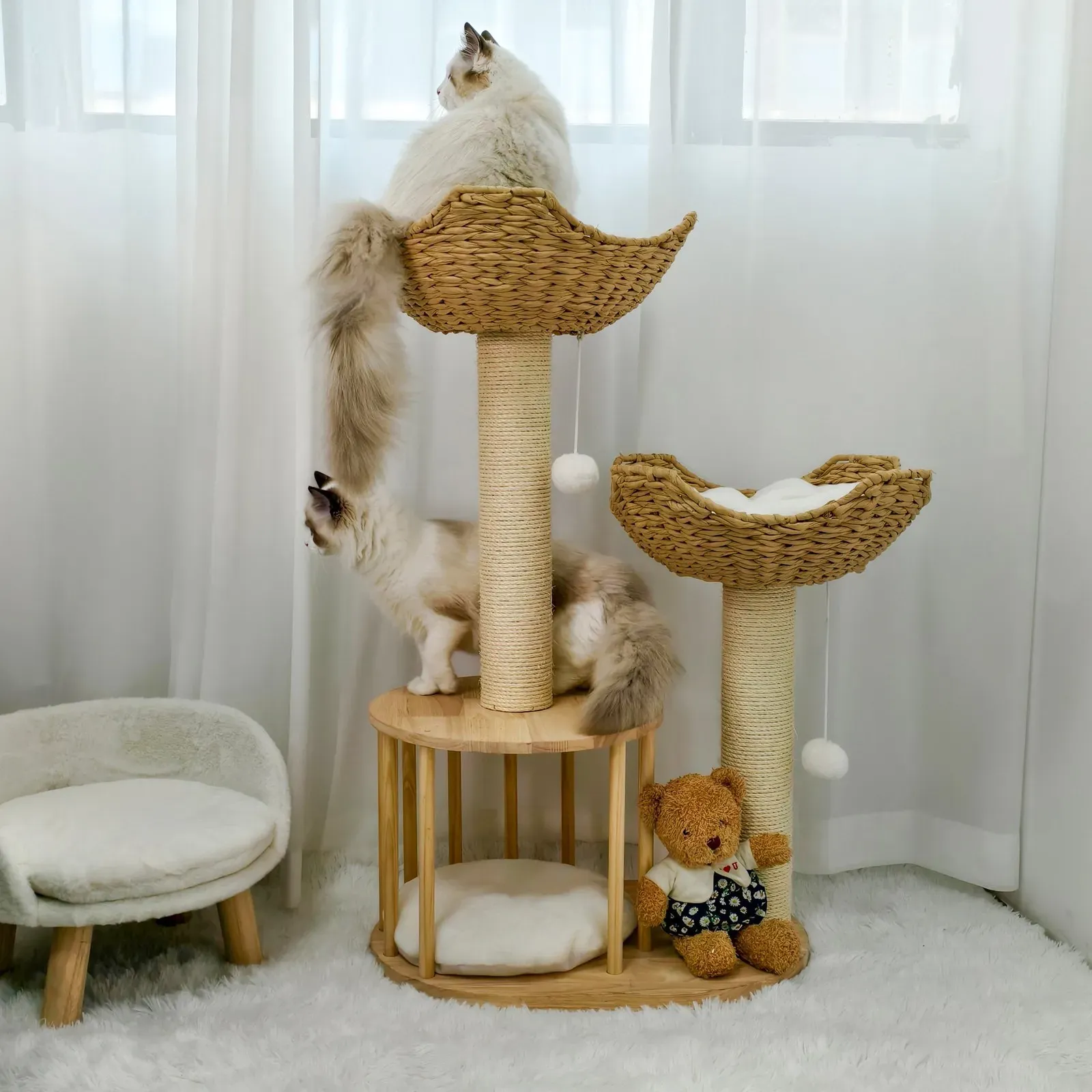 Large Cat Scratching Post Tree Tower with Baskets and Cubby Cave in Natural Wood & White, 60x40x99cm โ image 4