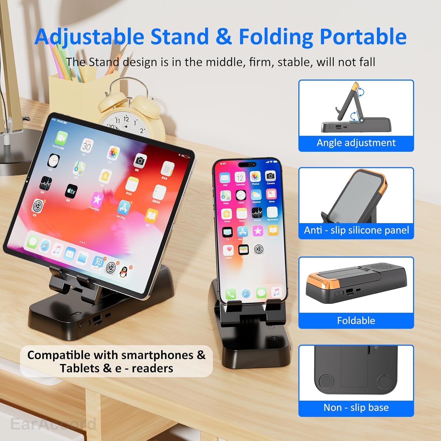Cell Phone Stand with Wireless Bluetooth Speaker, Stable & Heavy-Duty, Foldable Adjustable Desk Holder Dock Bracket for iPhone ipad Tablet — image 3