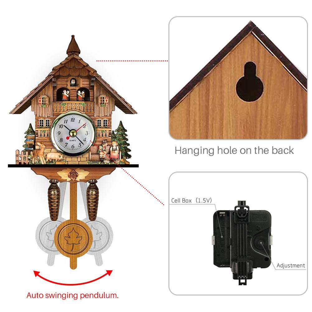 Cuckoo Clock Antique Wooden Cuckoo Birdhouse Wall Clock Home Decor Hanging Cuckoo Clock Auto Swing Bell Pendulum Home Decor โ image 3