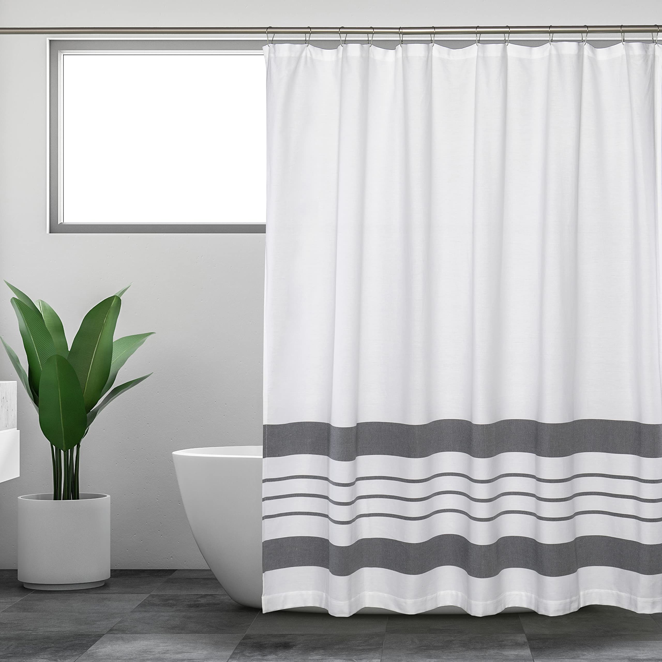 White Shower Curtain for Bathroom, Fabric Shower Curtains, 72x72 in, Farmhouse, Boho, White and Gray Striped Woven — image 2