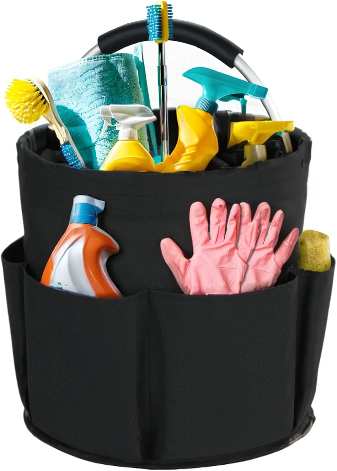 Black Foldable Cleaning Caddy with 6 Outer Pockets: 17L Collapsible Storage Basket for Household, Bathroom, Picnic & Beach – Durable Oxford Cloth Organizer