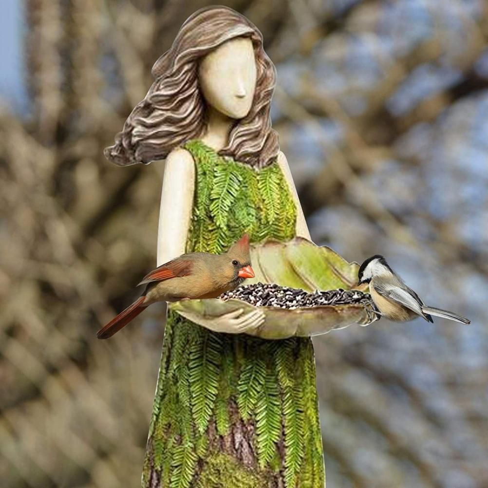 Fairy Garden Statue with Bird Feeder Lawn Resin Ornaments Garden Art Sculptures for Outdoor Decorations — image 3