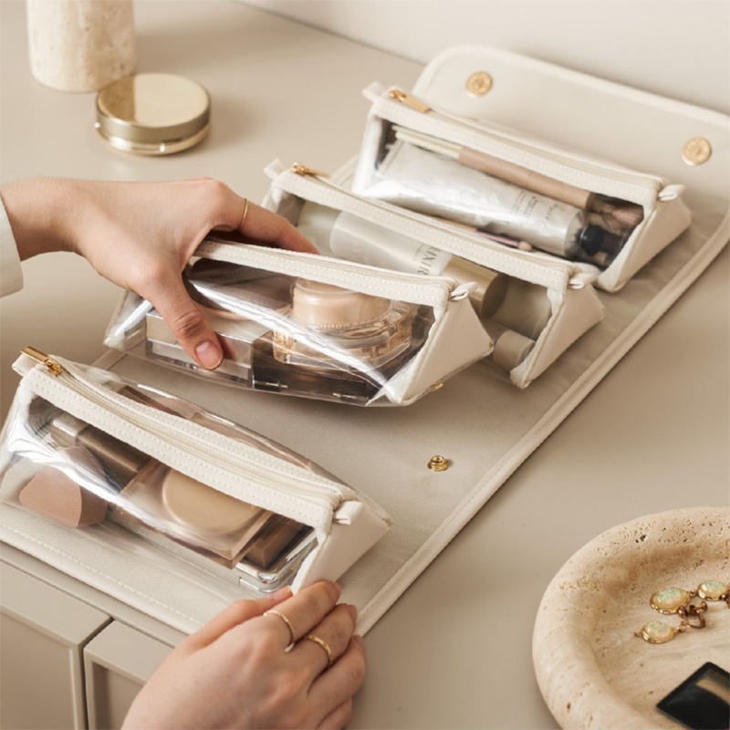 White Roll-Up Travel Makeup Bag - Compact Cosmetic Organizer with Multiple Compartments โ image 2