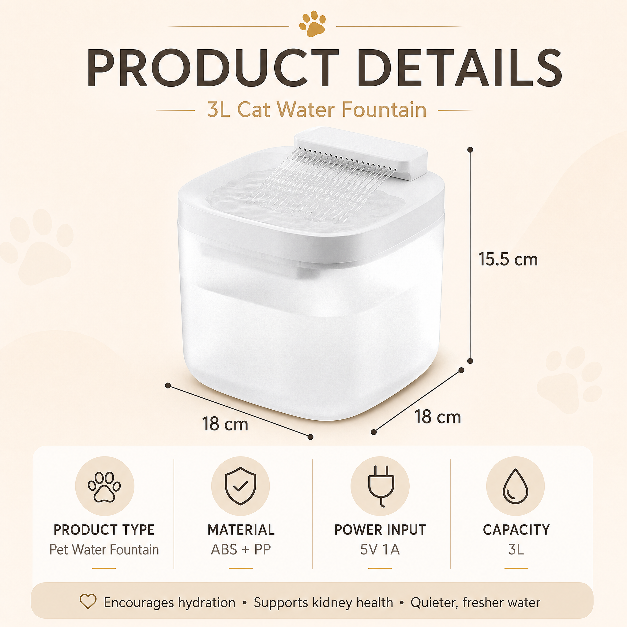 White Cat Water Fountain 3L,6 Filters Included, Wired Pet Water Dispenser for Cats & Small Dogs, Waterfall-Style Quiet Drinking Fountain with Filter โ image 3