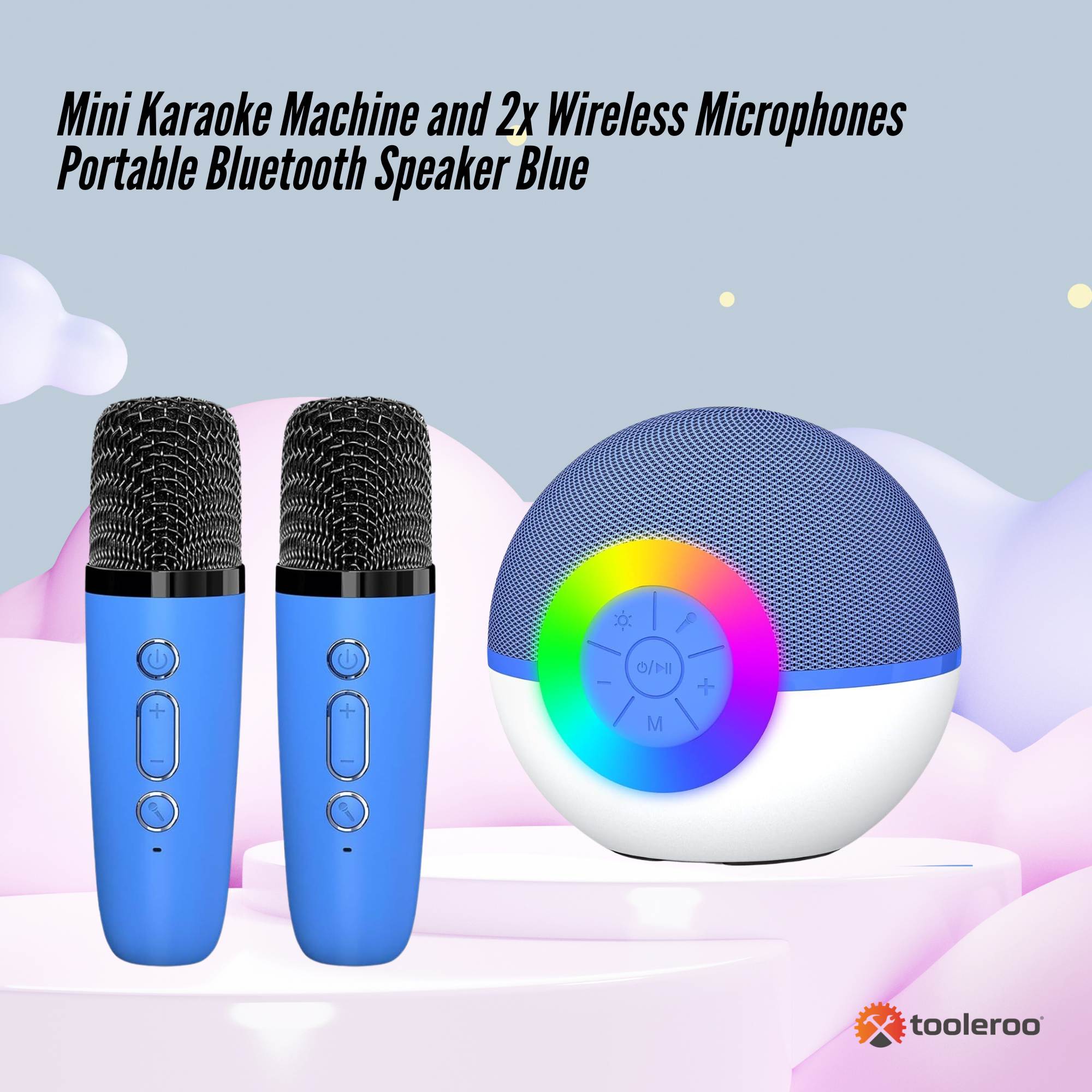 Mini Karaoke Machine and 2x Wireless Microphones Portable Bluetooth Speaker Blue — image 2