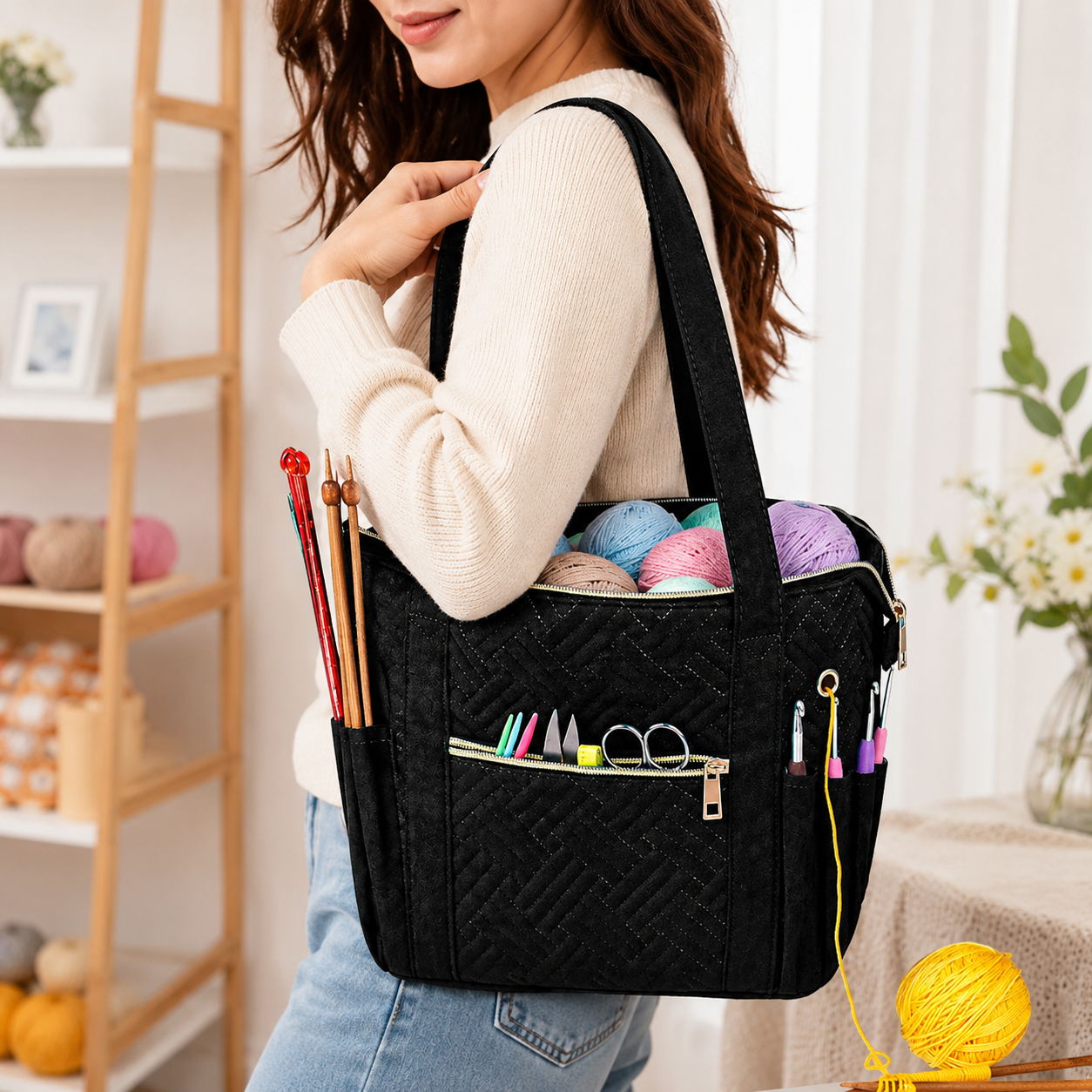Crochet Bag Organizer for Yarn Storage, Velvet Knitting Tote Bag with Double Handle for Crochet Accessories, Portable Travel Case for Yarn Balls, Crochet — image 4