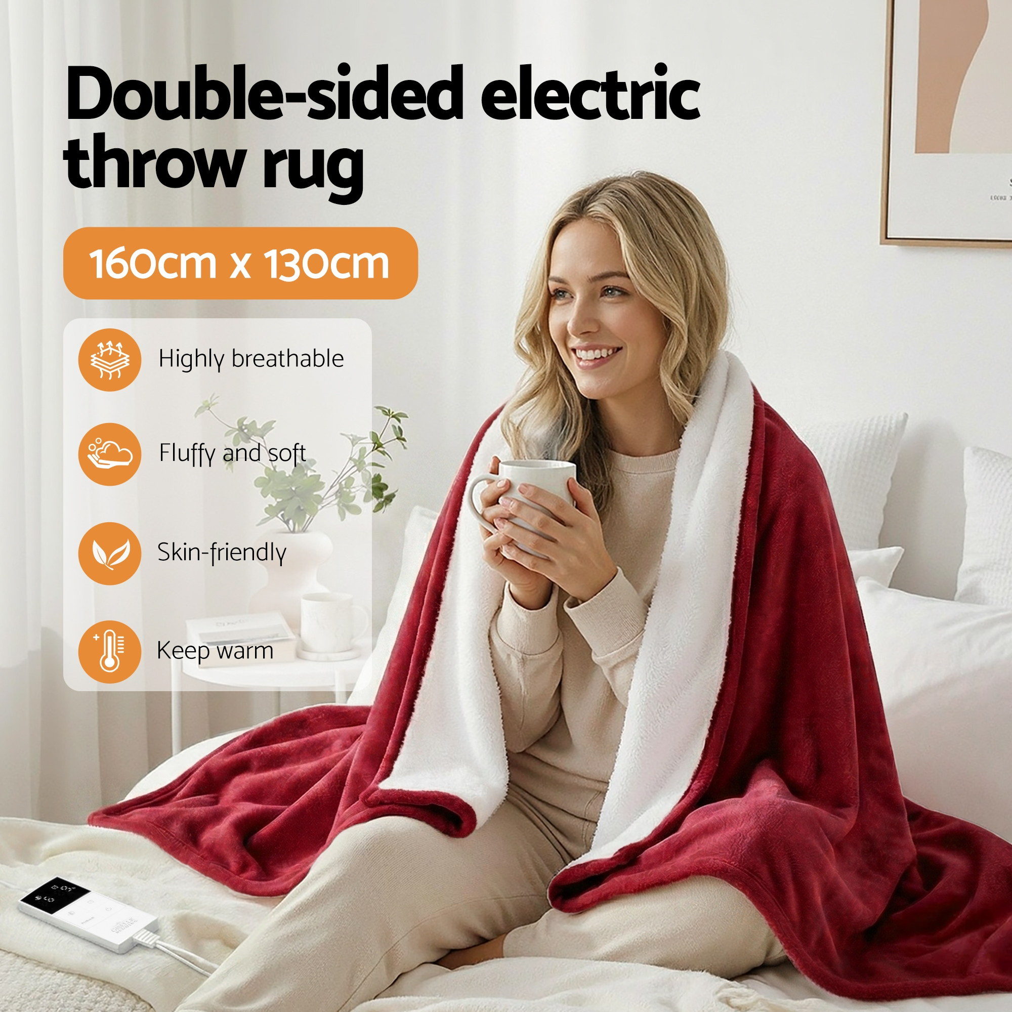 Giselle Electric Throw Rug Dual Side Fleece Flannel Heated Blanket Burgundy — image 5