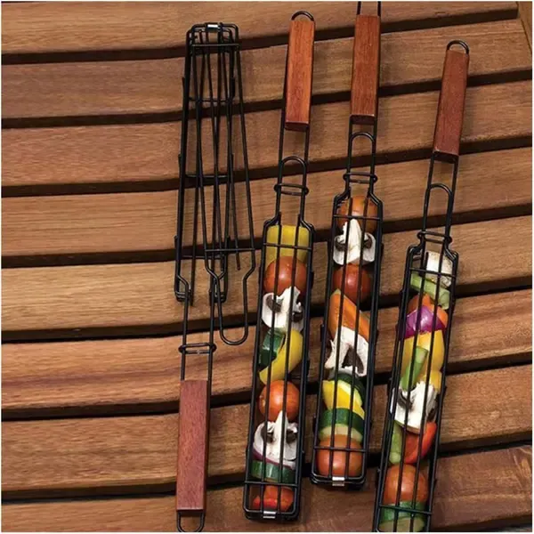 2 Pack Non-Stick Steel BBQ Grill Baskets with Locking Food Cage and Wooden Handles for Camping and Charcoal Grilling, 49 cm — image 5