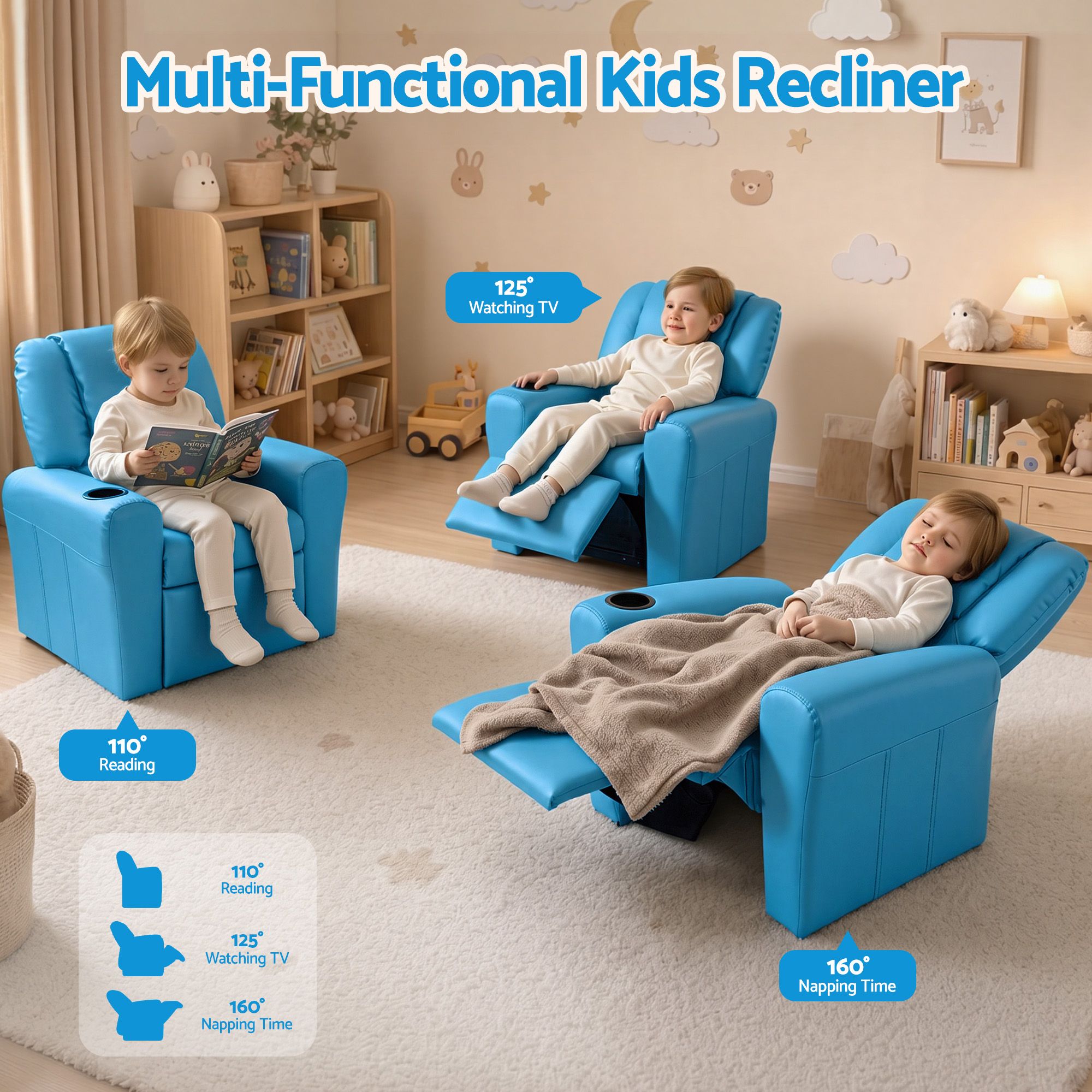 Keezi Kids Recliner Chair PU Leather Sofa Lounge Couch Children Armchair Blue โ image 4