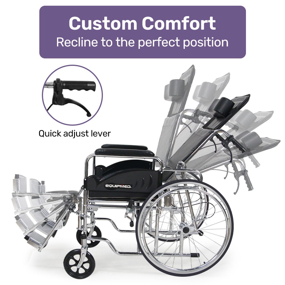 Equipmed Folding Manual Reclining Wheelchair Self Propelled, 24" Rear Wheels, Chrome Steel Frame, 46cm Wide Seat, 100kg Capacity, Park Brakes — image 6