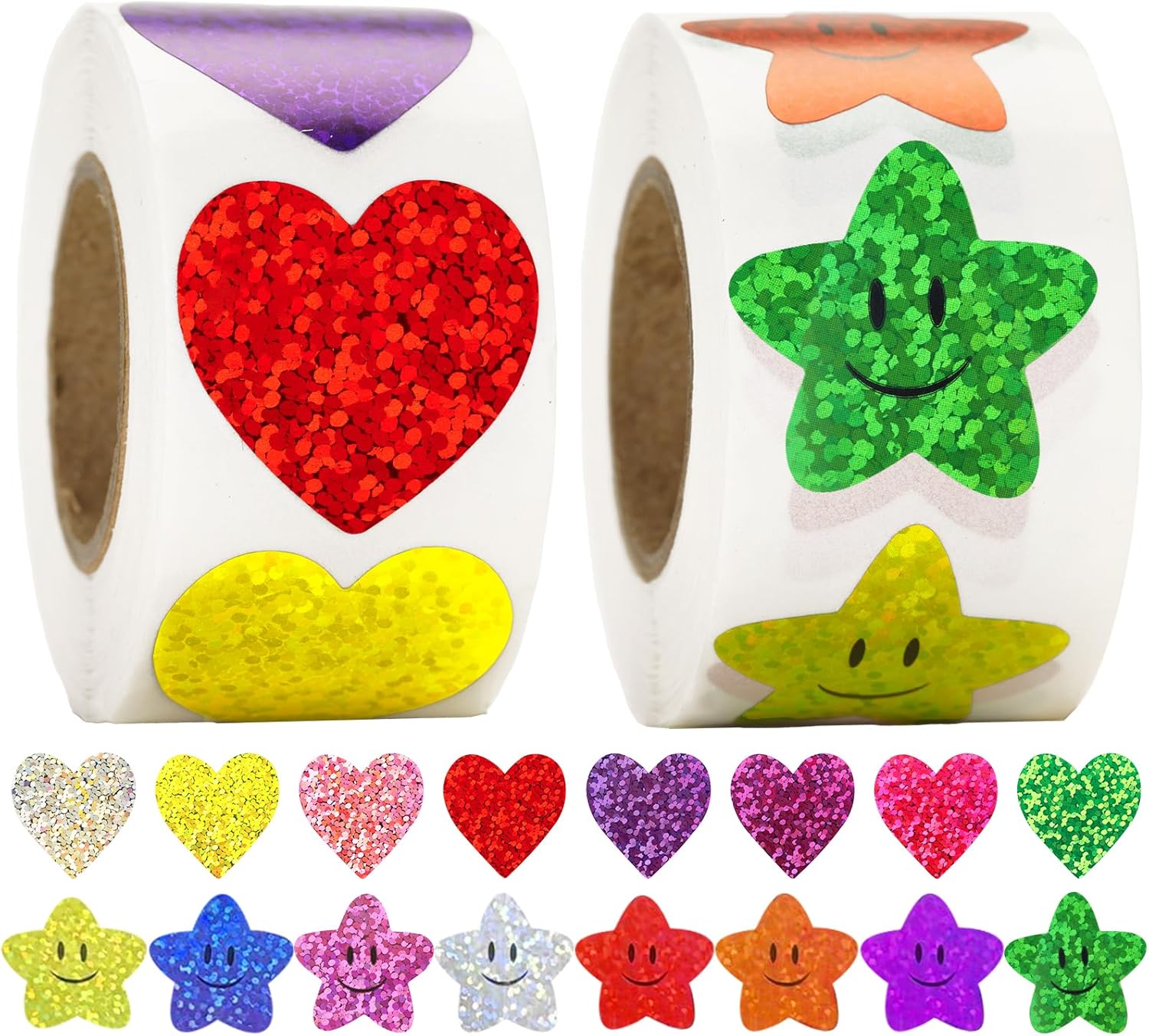Heart Stickers Star Stickers - 1000Pcs 1Inch Glitter Heart Sticker and Smiley Face Star Sticker for Kids Reward Teacher Classroom Crats DIY Envelope Seal Card