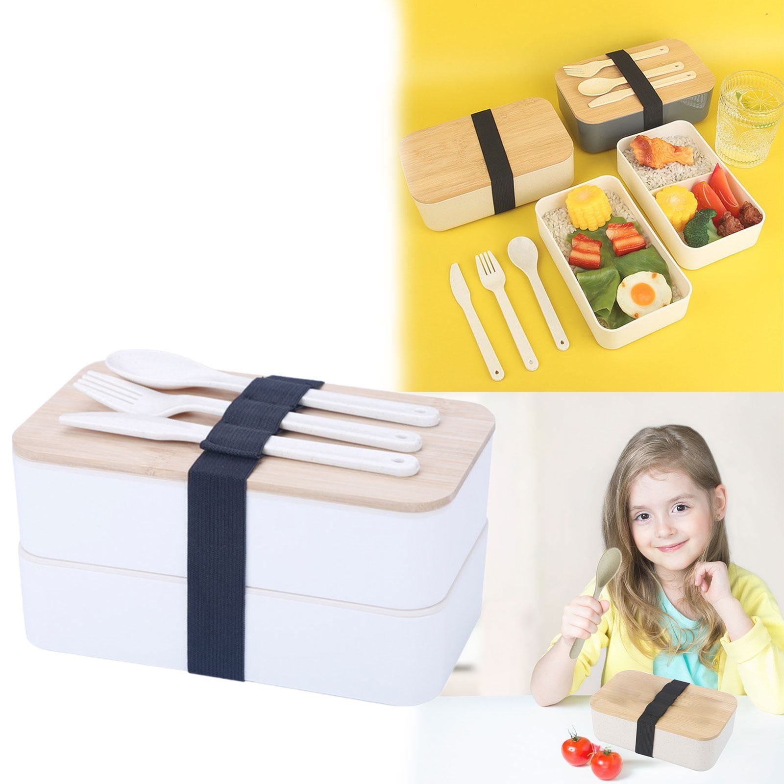 2-Layer Bento Lunch Box with Spoon and Fork, Divided Food Storage Container for Work, School, Travel and Everyday Meals, White — image 2
