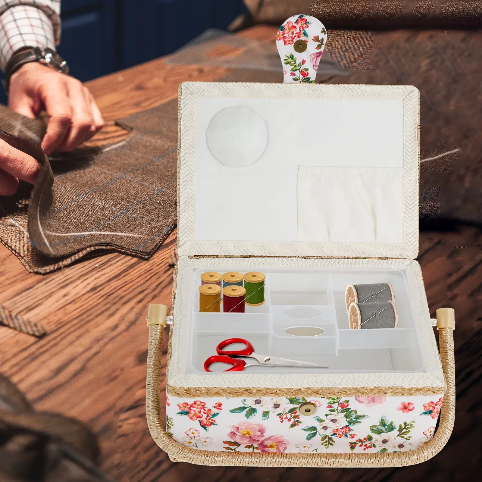 Sewing Basket with Removable Tray, Pin Cushion and Floral Fabric Organizer for Craft Supplies โ image 3