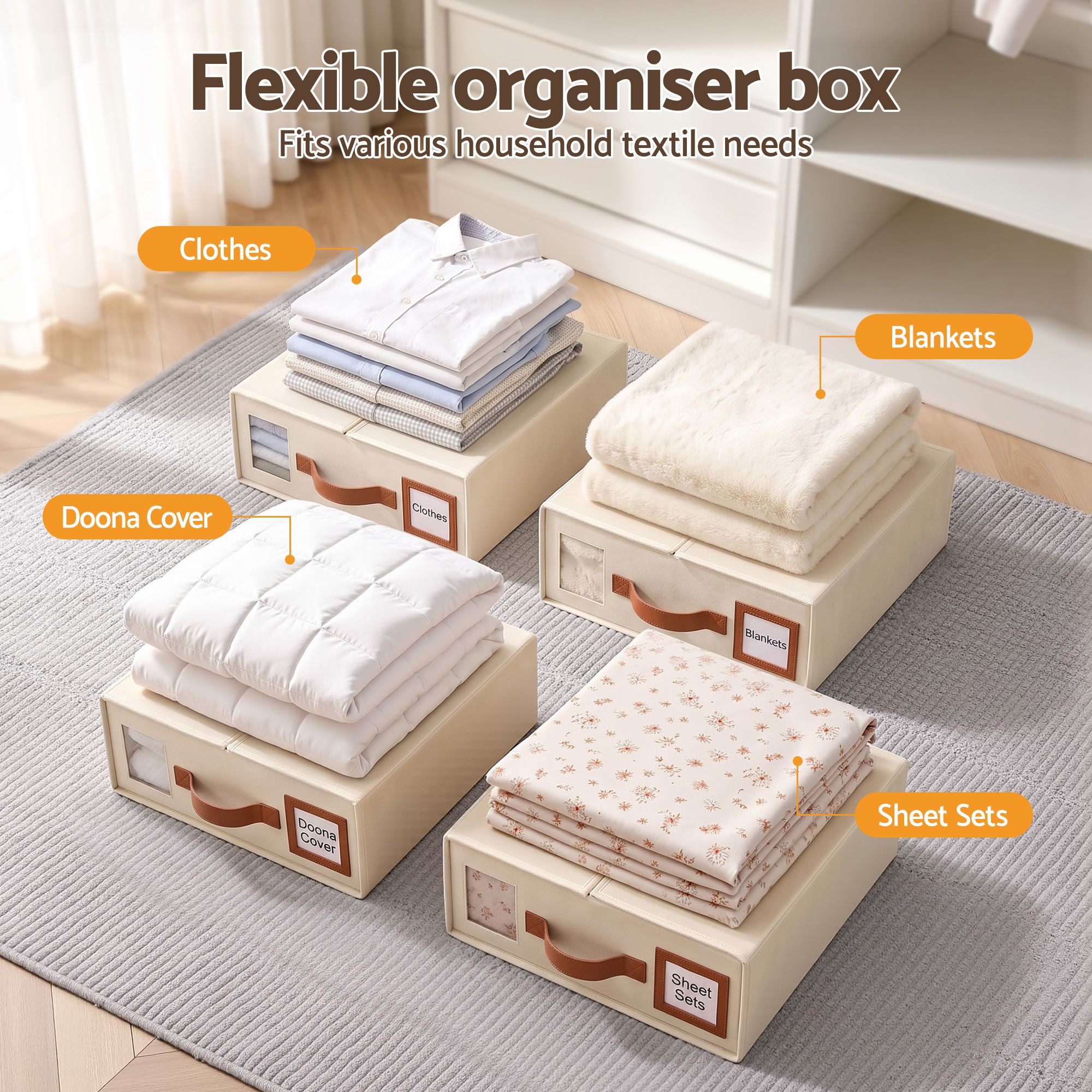 Artiss Bed Sheet Organisers Box 4Pcs Storage King Size Bedding Foldable Beige β image 5