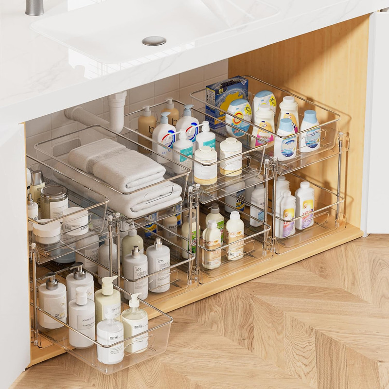 1 Pack Bathroom Organizer, 2 Tier Clear Under Sink Organizers Vanity Countertop Storage Container,Cabinet Drawers Bins, Pull-Out Organization with Track for โ image 2