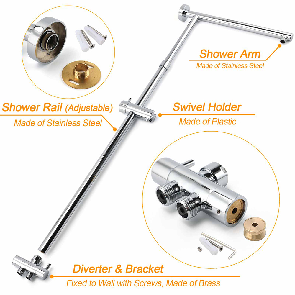 Chrome Square 8" Rain Shower Head 3 Mode Handheld Sliding Rail Arm 2 IN 1 Set Diverter โ image 4