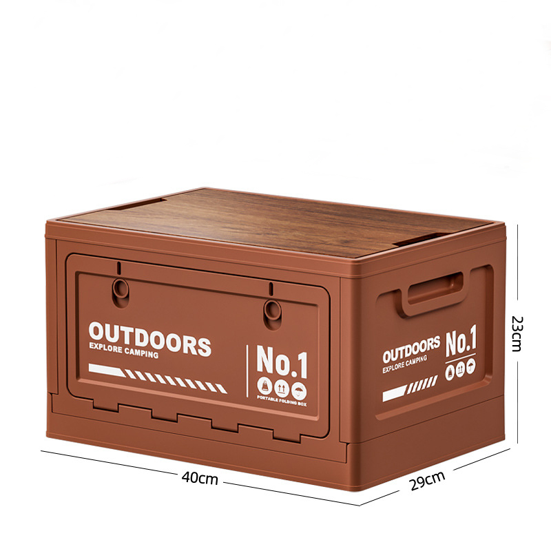 40cm Brown Multifunctional Foldable Storage Box with Wooden Lid - Collapsible Outdoor Camping Crate, Stackable Home Organizer with Side-Opening Doors for Car