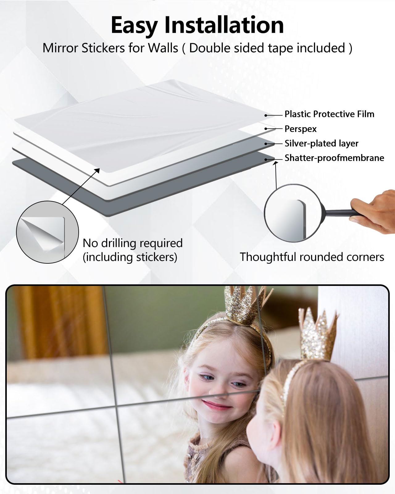 Shatterproof Acrylic Mirror Tiles – 4-Pack Wall Stickers for Kids, Home Gym, Bedroom & Bathroom, Easy Peel-and-Stick Decorative Mirrors with — image 6
