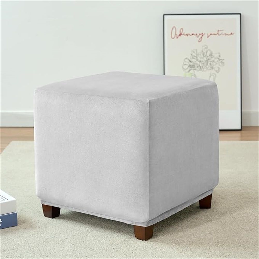 Stretch Cover Velvet Small Square Footstool Cover Pouffe Protector Covers, for Square Leather/Fabric Footstool,(light gray M) — image 4