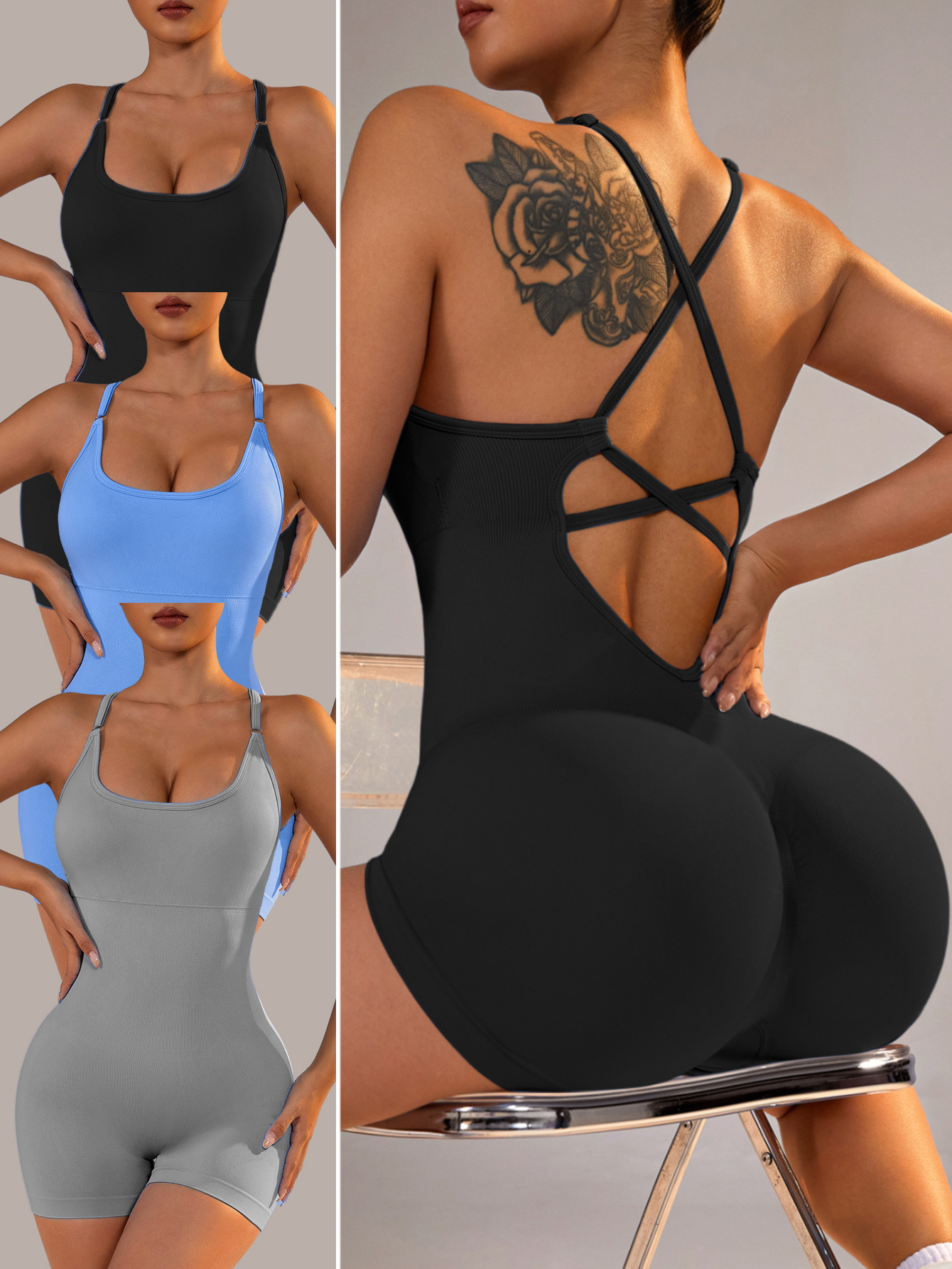 Size S Black Nylon Seamless Yoga Bodysuit - Women's Athletic Romper, Crisscross Back, Workout Jumpsuit โ image 3