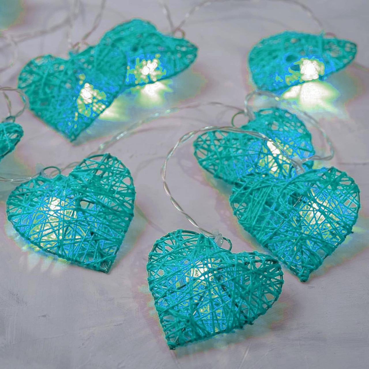 50 Turquoise Blue 3D Hollowed Rattan Heart-Shaped 5M LONG String Fairy Lights, Battery (AA) Indoor & Outdoor Decorations Birthday Kids Celebration
