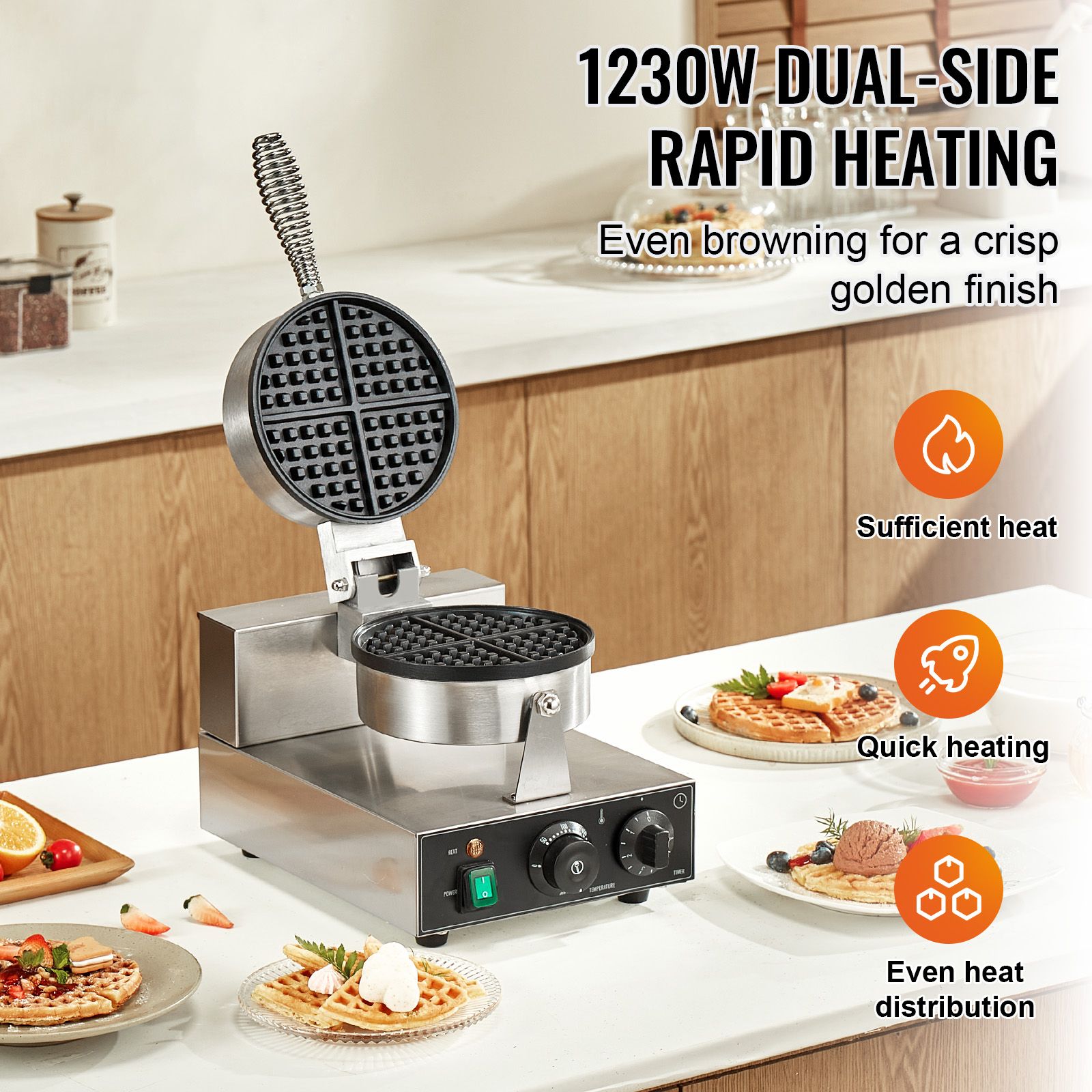 Commercial Waffle Maker, 1230W Round Waffle Baker Machine, Non-Stick Stainless Steel Belgian Waffle Iron with Temperature and Time Control, Handle — image 2