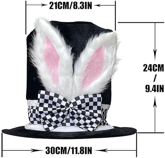 Easter Bunny Top Hat – White Rabbit & Black Plush Hat – Costume accessory for Easter, Halloween and theme parties — image 4