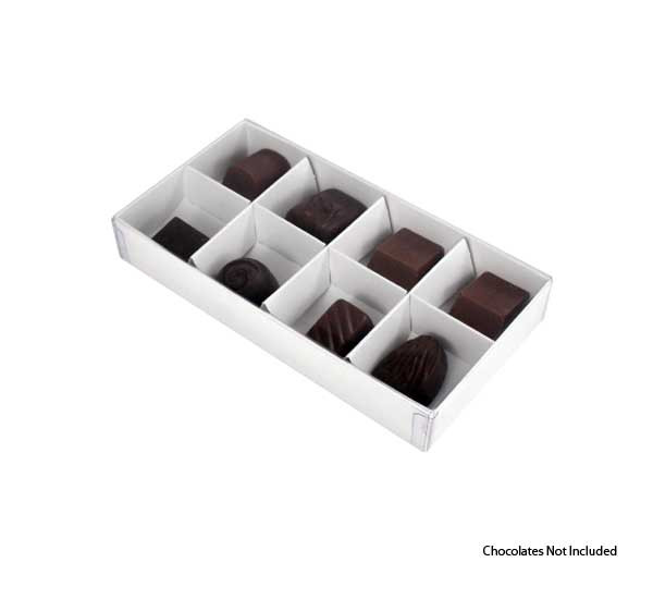 10 Pack of White Card Chocolate Sweet Soap Product Retail Gift Box - 8 bay 3cm Compartments - Clear Slide On Lid - 16x8x3cm — image 3