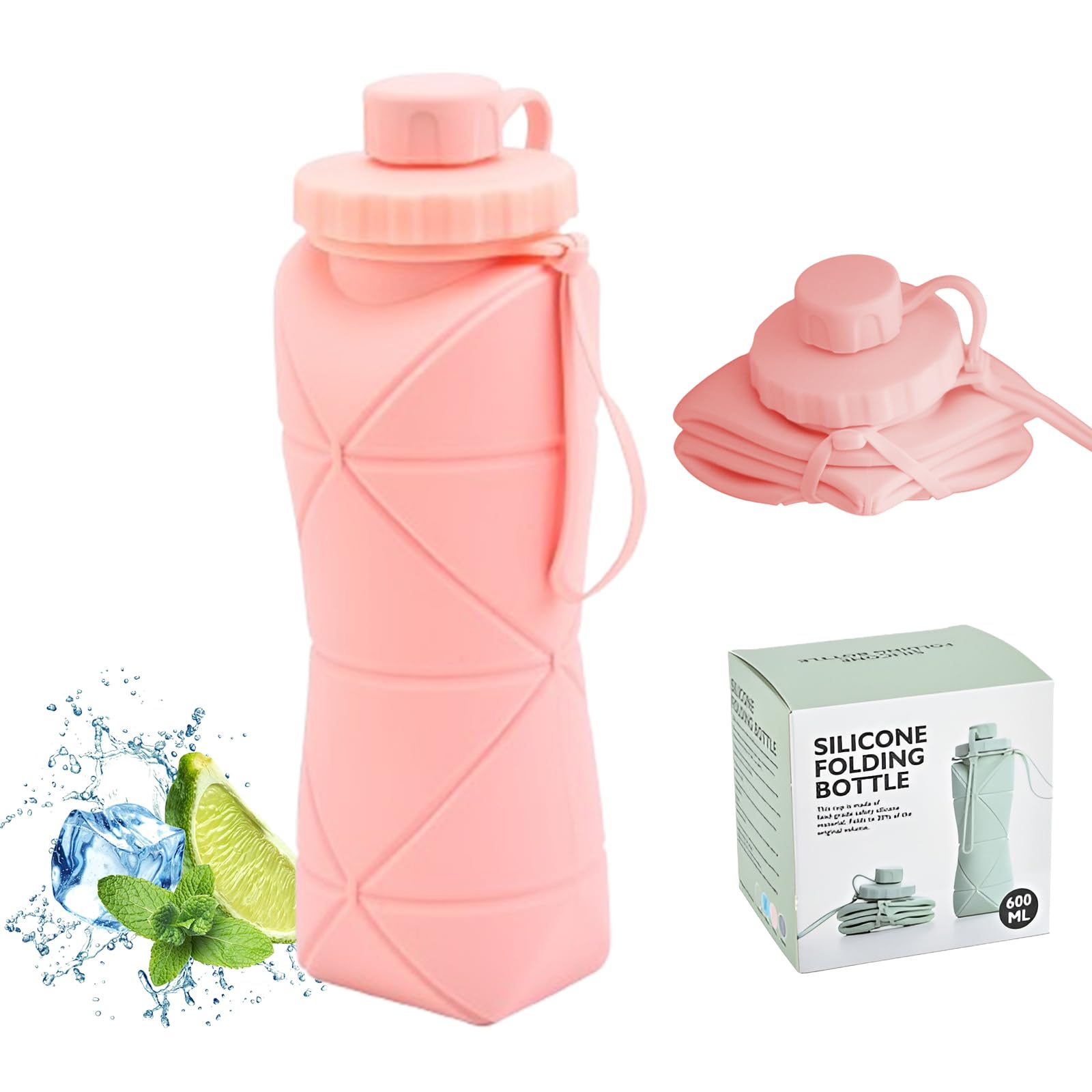 Collapsible Silicone Water Bottle 600ML – Foldable, Leak-Proof, BPA-Free, Portable Outdoor Sports Bottle with Carrying Strap – Compact Design for Hiking, Gym