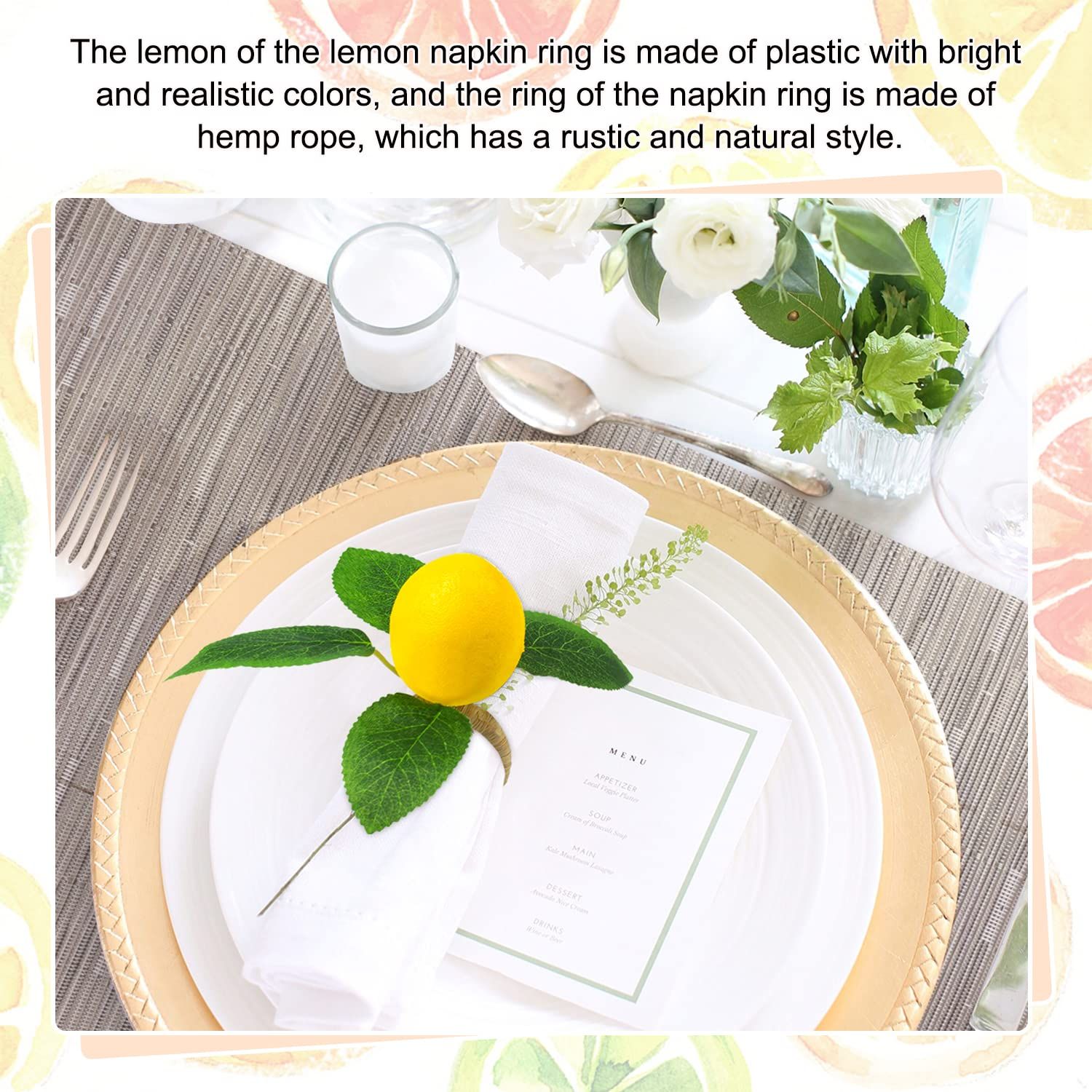 Lemon Napkin Rings Set of 6, Faux Lemon Summer Farmhouse Napkin Ring Holder for Dining Table Decor Banquet Wedding Birthday — image 4