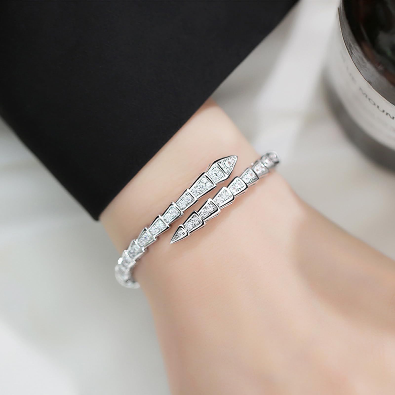Crystal Cuff Bracelet for Women - Fashion Cubic Zirconi Silver Snake Bracelet Charm, Bangle Jewelry Gift for Anniversary Party — image 3
