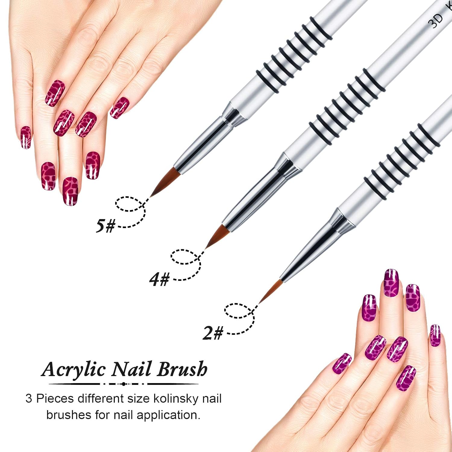 3 Pcs Kolinsky 3D Nail Art Brush Set Size 2/4/5 Acrylic Nail Art Brush with Silver Metal Nonslip Grip Handle Polish Cleaning Manicure Tools for Women Acrylic — image 2