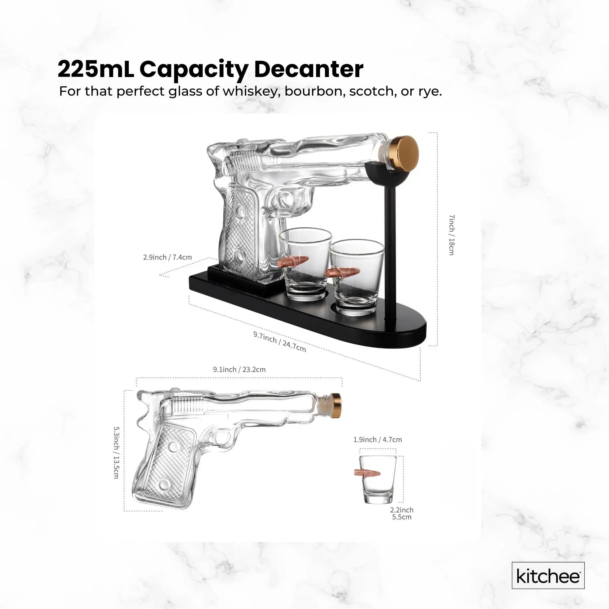 Kitchee 225mL Whisky or Wine Decanter Glass Pistol Set - 2 Glasses + Stand — image 4