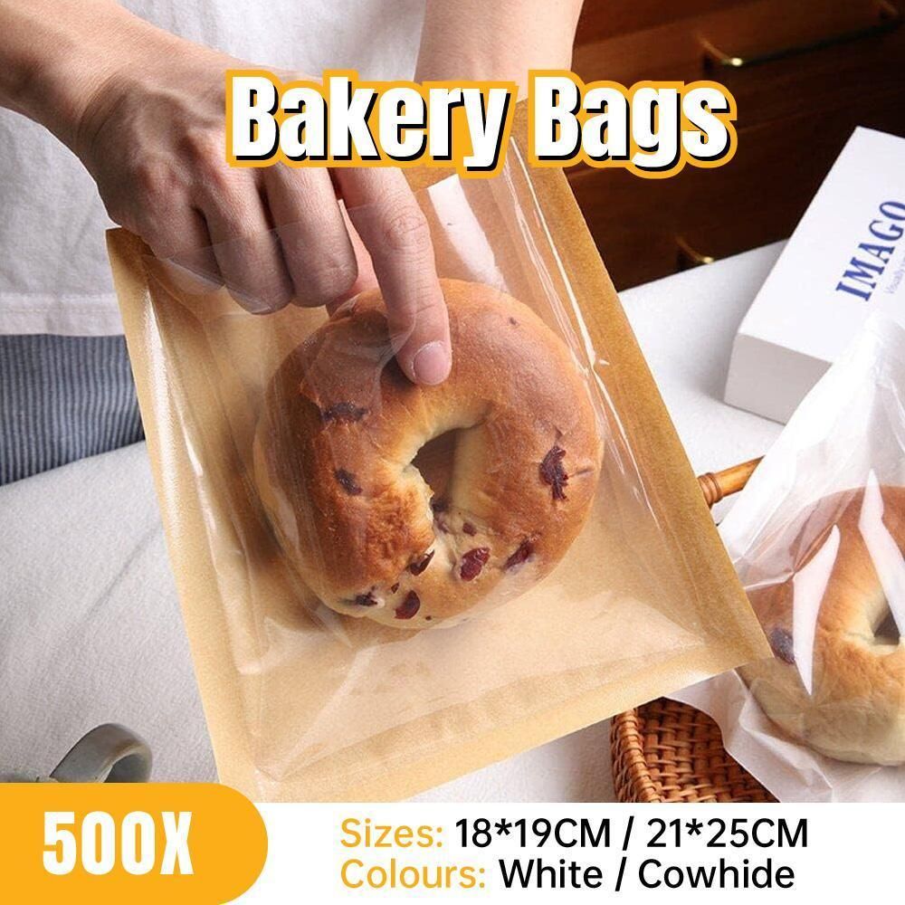 500PCS Transparent Food Greaseproof Bag Sandwich Donut Bread Packaging Pouch - Cowhide 21X25CM — image 2