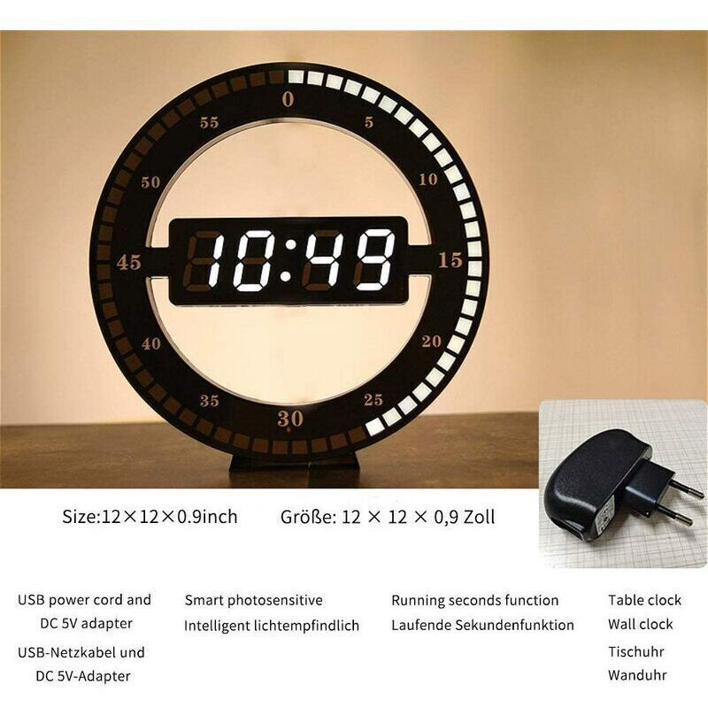 Silent LED Digital Table Clock, Black Electronic Wall Clock, Round Desk Clock, for Bedroom, Living Room and Office, 30 cm — image 4